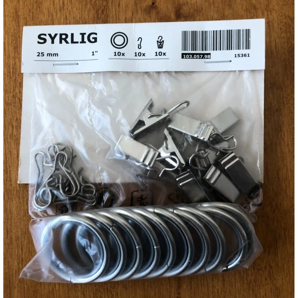 Ikea SYRLIG Curtain Ring Set 10-pack w/Hooks & Clips Metal 1